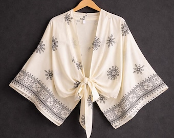 Creme Boho Kimono Top, Floral Tie Front Cardigan, leichte Sommer Abdeckung Up, Festival Wear