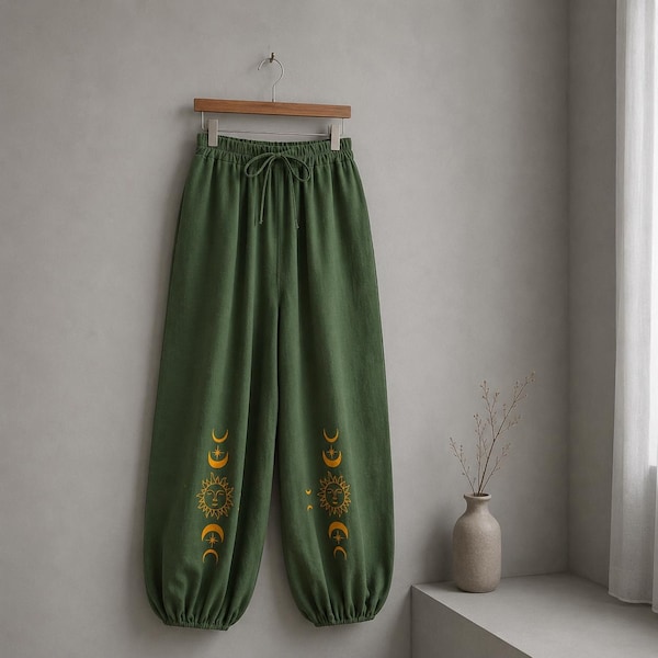 Green Celestial Cotton Linen Pants, Sun Moon Embroidered Boho Harem Pants, Wide Leg Lounge Trousers, Festival Pants Women