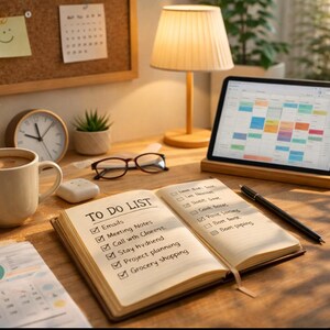 Puede incluir: Una escena de escritorio bien iluminada con una taza de café, un cuaderno abierto con una lista de tareas, una tableta que muestra un calendario y una lámpara pequeña. El cuaderno enumera tareas como "Correos electrónicos" y "Notas de la reunión".