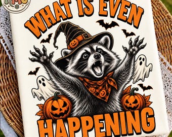 What Is Even Happening PNG, Funny Halloween Raccoon PNG, Confused Animal Graphic, Sarcastic Meme Png, Witch Hat Raccoon Sublimation