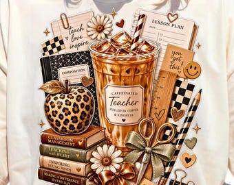Caffeinated Teacher PNG Sublimation Design, Teacher Coffee Clipart, Leopard Apple Teach Love Inspire, Boho Teacher Shirt Design Bundle