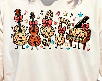 Music Teacher PNG, Leopard Print Music Instruments PNG, Cute Guitar Violin Piano Treble Clef, Music Teacher Shirt Sublimation Design