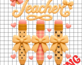 Clay Teacher PNG, 3D Puffy Pencil Bow , Cute Teacher Appreciation Shirt PNG, TeacheRetro Pencil Clipart, Digital Download