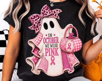 Patchwork Pink Ribbon Ghost PNG, In October We Wear Pink Sublimation Design, Coquette Breast Cancer Awareness Ghost, Faux Applique Ghost PNG