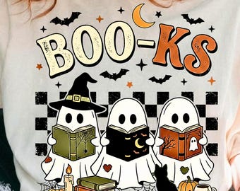Retro BOO-KS Ghost Reading Design PNG, Cute Spooky Book Lover Sublimation, Vintage Librarian Art, Fall Reader Digital Download