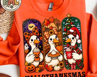 Hallothanksmas Png, Cute Duck Halloween Thanksgiving Christmas Shirt Design, Funny Holiday Png, Sublimation Duck Png, Digital Download