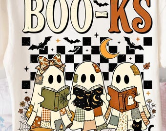BOO-KS Reading Ghost PNG, Patchwork Halloween Book Lover Design, Cozy Fall Librarian Sublimation, Cute Reader Digital Download