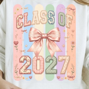 Retro Class of 2027 PNG, Coquette Bow Senior Sublimation Design, Patchwork Letters Pastel Stripes, Graduation Shirt Design, Digital Download