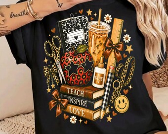 Teach Inspire Love PNG, Boho Leopard Teacher Gift Shirt Design, Caffeinated Teacher Sublimation PNG, Coffee Books Apple Teacher Clipart DTF