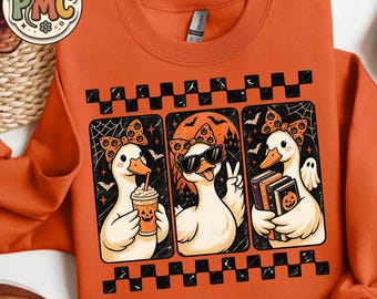 Halloween Book Lover Goose PNG, Retro Photo Booth Design, Reading Goose PNG, Spooky Library Goose, Coffee and Books Goose, Funny Sublimation
