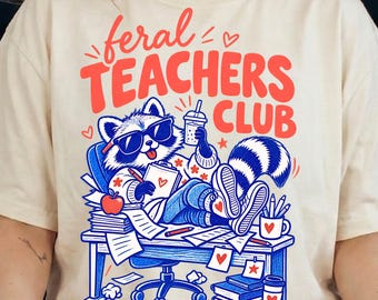 Feral Teachers Club PNG, Retro Raccoon Teacher Design, Two Color Riso Style Sublimation PNG, Funny Teacher Instant Download