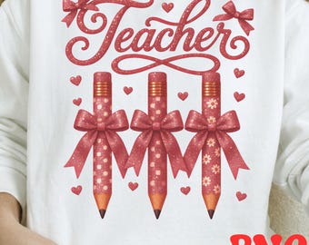 Glitter Pencil Bow Png, Teacher Png, Floral Pencil Png, Rose Pencil Teacher Png, Teacher Appreciation Gift, Elementary Kindergarten Teacher
