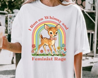 Whimsy Deer Rainbow Feminist Shirt, Retro Woodland Feminist Tee, Colorful Deer Graphic T-Shirt, Cottagecore Protest Shirt, Boho Shirt