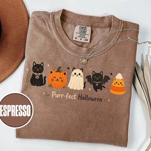 Op de afbeelding: Een espresso-kleurig t-shirt met een afbeelding van een zwarte kat, een pompoen, een spookkat, een vleermuiskat en een snoepmaiskat. De tekst luidt Purr-fect Halloween. Het shirt heeft een ronde hals en een Comfort Colors label in de kraag.