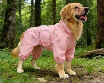 Packable Dog Outdoor Jumpsuit, 2-in-1 Windproof Neck Guard & Storage Pouch, Reflective 4-Leg Pet Suit, Easy-on Reverse Zipper Dog Raincoat,