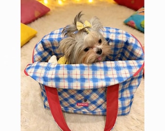 Sac de transport à carreaux pour chien avec coussin, joli panier de transport pour animaux, sac de voyage pour petits chiens, sac de transport souple pour chiots, nid portable pour animaux, sac pour chien