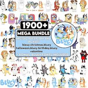 May include: A collection of Bluey-themed digital graphics. The image includes various cartoon characters, the text "1900+ MEGA BUNDLE," and mentions of file types and holidays like Christmas and Valentine's Day. Bonus Bluey fonts are included.