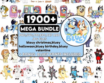 1900+ Bluey PNG.SVG Bundle + BONUS Font! Bluey Dog Bingo Clipart Bundle Set Original Designs for Birthday Day Crafts Coloring Printing