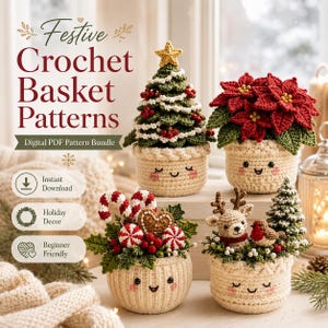 Può includere: Un pacchetto di modelli PDF digitali intitolato Festive Crochet Basket Patterns che mostra quattro cestini all'uncinetto con faccine. I disegni includono un albero di Natale, una stella di Natale, bastoncini di zucchero con un cuore e una renna con un uccellino e un albero.