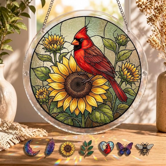 Cardinal Sunflower Stained Glass Suncatcher Puzzle, Bird Lover Gift, Mother's Day Gift, Acrylic Jigsaw DIY Kit, Window Hanging Decor
