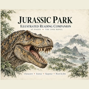 Puede incluir: Una portada de libro Jurassic Park Illustrated Reading Companion con la cabeza de un Tyrannosaurus Rex de textura marrón y beige con la boca abierta, frente a un paisaje de isla tropical brumosa con montañas y follaje verde.