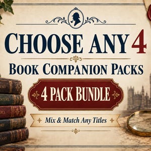 Peut inclure: Un graphique promotionnel pour un lot de 4 packs compagnons de livre. Le texte indique CHOOSE ANY 4 BOOK COMPANION PACKS, 4 PACK BUNDLE, et Mix & Match Any Titles. L'arrière-plan présente une pile de livres anciens, une loupe et une plume.