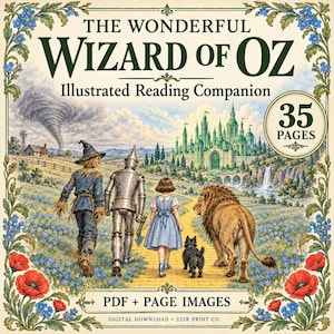 May include: The Wonderful Wizard of Oz Illustrated Reading Companion with 35 pages. The cover features a yellow brick road leading to a green castle, with a scarecrow, tin man, girl in a blue dress, dog, and lion walking toward it.