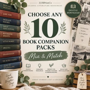 Könnte beinhalten: Eine digitale Werbeanzeige für 10 Buchbegleitpakete mit einem Stapel klassischer Literatur, einer weißen Tasse mit dem Text Good Books Brighter Days und einem Anhänger mit der Aufschrift More Books Brighter Minds auf cremefarbenem Grund.