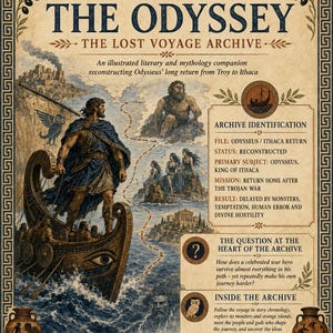 以下が含まれることがあります： The Odyssey: The Lost Voyage Archiveというタイトルのポスター。船上の戦士、サイクロプス、セイレーンの中心的なイラストが描かれています。テキストには、Archive Identification、The Question at the Heart of the Archive、Inside the Archiveが含まれています。