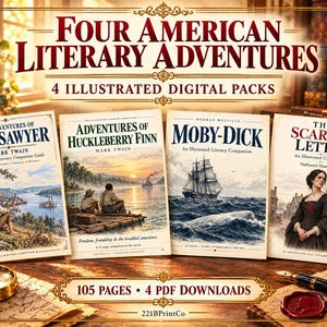 Four American Literary Adventures | 4 Illustrated Digital Packs | 105 Pages | PDF Bundle