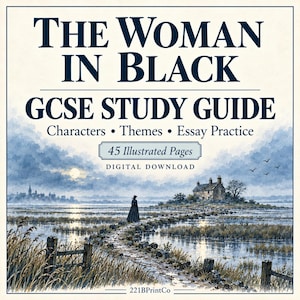 Könnte beinhalten: Ein digitaler Studienführer mit dem Titel The Woman in Black GCSE Study Guide, der 45 illustrierte Seiten enthält. Das Cover zeigt eine Figur in einem schwarzen Kleid auf einem steinernen Damm, der zu einem Haus in einer Sumpflandschaft führt.