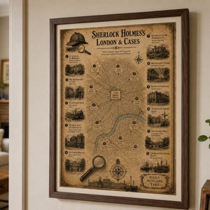 May include: A framed map titled Sherlock Holmes's London & Cases, featuring a vintage-style street map of London with twelve numbered illustrations of locations and cases, a magnifying glass, a compass rose, and a deerstalker hat illustration.