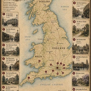 May include: A vintage-style map titled Sherlock Holmes' Cases Across Britain, featuring a central map of Great Britain with numbered case locations, a legend, and fourteen illustrated vignettes of mystery settings, a steam train, and a detective.