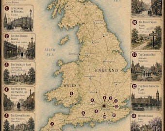 Sherlock Holmes Cases Map Print, UK Literary Detective Wall Art (Digital Download)