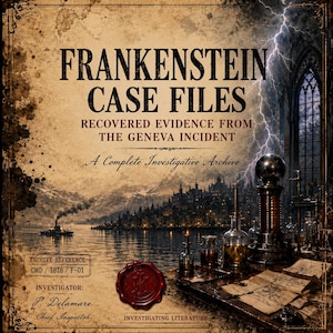 May include: A vintage-style book cover titled Frankenstein Case Files: Recovered Evidence From The Geneva Incident. The design features a dark, stormy landscape with a city, a ship, a Tesla coil, glass vials, and aged documents with a red wax seal.