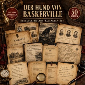 Könnte beinhalten: Ein digitales Download-Set mit 50 Seiten zum Thema Der Hund von Baskerville, bestehend aus Sherlock-Holmes-Fallakten. Enthält Dokumente im Vintage-Stil, Verdächtigenprofile, eine Karte von Dartmoor, Tatortfotos, Fallnotizen, eine Inhaltsübersicht und eine Lupe.