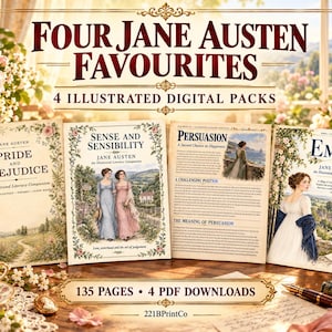 Four Jane Austen Favourites | 4 Illustrated Digital Packs | 135 Pages | PDF Bundle
