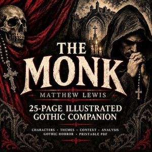 Könnte beinhalten: Ein Buchcover mit dem Titel The Monk von Matthew Lewis, das einen 25-seitigen illustrierten gotischen Begleiter zeigt. Das Design umfasst einen menschlichen Schädel, eine Kapuzenfigur mit Gebetskette, ein Kreuz und eine Burgsilhouette.