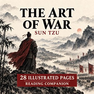 May include: A book cover titled The Art of War by Sun Tzu featuring a warrior in dark armour and a red cape standing on a cliff overlooking a misty landscape with mountains, a river, and an army with red flags. Text reads 28 Illustrated Pages.