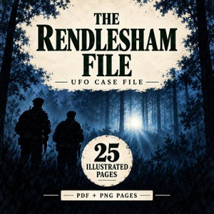 May include: A digital document titled The Rendlesham File UFO Case File featuring a dark forest scene with two figures in military-style gear looking toward a bright light. The text 25 Illustrated Pages and PDF + PNG Pages is included.