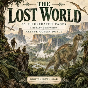 May include: A digital download titled The Lost World, a literary companion by Arthur Conan Doyle with 35 illustrated pages. The cover art depicts explorers on a cliff overlooking a prehistoric valley with dinosaurs, waterfalls, and flying reptiles.