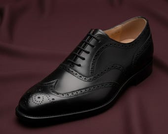 Black Leather Oxford Brogue Shoes for Men Handmade Formal Dress Shoes Classic Wingtip Office Wedding Shoes Luxury Lace Up Footwear