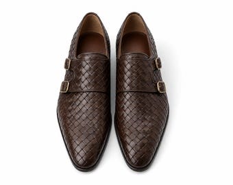Men Handmade Double Monk Strap Shoes Brown Woven Leather Wedding Groom Shoes Formal Party Footwear Gift for Men