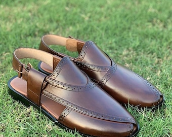 Sandalias Peshawari de cuero marrón hechas a mano para hombre, sandalias tradicionales pakistaníes, zapatos sin cordones de cuero de primera calidad, calzado casual para bodas.