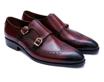 Handgemaakte bordeauxrode leren schoenen heren Italiaanse vleugeltip geklede schoenen Dubbele monnik formele trouwschoenen Custom lederen schoenen