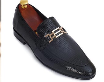 Mocasines de cuero negro hechos a mano con detalle de herradura / Zapatos de vestir clásicos sin cordones para hombre / Zapatos formales de lujo para la oficina / Mocasines de estilo italiano