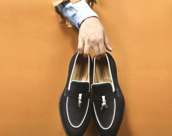 Mocasines brogue de gamuza bicolor blanco y negro hechos a mano para hombre – Mocasines con borlas, zapatos de vestir de lujo, calzado formal para fiestas