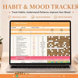May include: A laptop displays a digital habit and mood tracker. The screen shows a spreadsheet with sections for daily habits and mood tracking, with the text "HABIT & MOOD TRACKER" at the top. The laptop is on a wooden desk with a succulent, coffee cup, and decorative items.