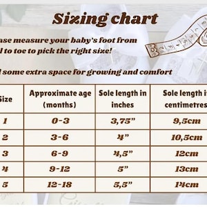 K&ouml;nnte beinhalten: Eine Gr&ouml;&szlig;entabelle f&uuml;r Babyschuhe mit einer Tabelle, die das ungef&auml;hre Alter in Monaten, die entsprechende Schuhgr&ouml;&szlig;e und die Sohlenl&auml;nge in Zoll und Zentimetern zeigt.