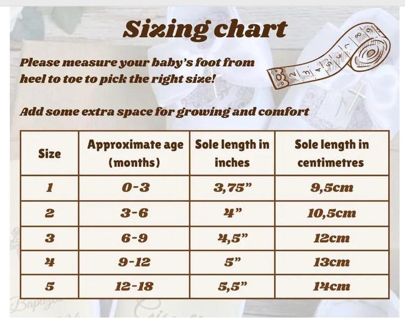 K&ouml;nnte beinhalten: Eine Gr&ouml;&szlig;entabelle f&uuml;r Babyschuhe mit einer Tabelle, die das ungef&auml;hre Alter in Monaten, die entsprechende Schuhgr&ouml;&szlig;e und die Sohlenl&auml;nge in Zoll und Zentimetern zeigt.